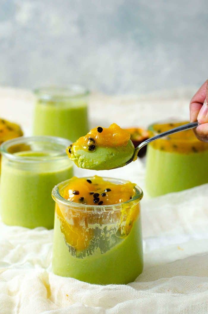 Creamy Matcha Panna Cotta (Green Tea Panna Cotta) with sweet, fruity, tart Passion Fruit Mango Compote. A simple make ahead dessert that is light, refreshing and perfect for parties! 