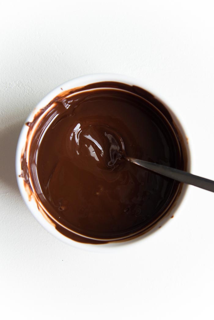 Chocolate, butter melted together in a small bowl, with peppermint extract stirred in. 