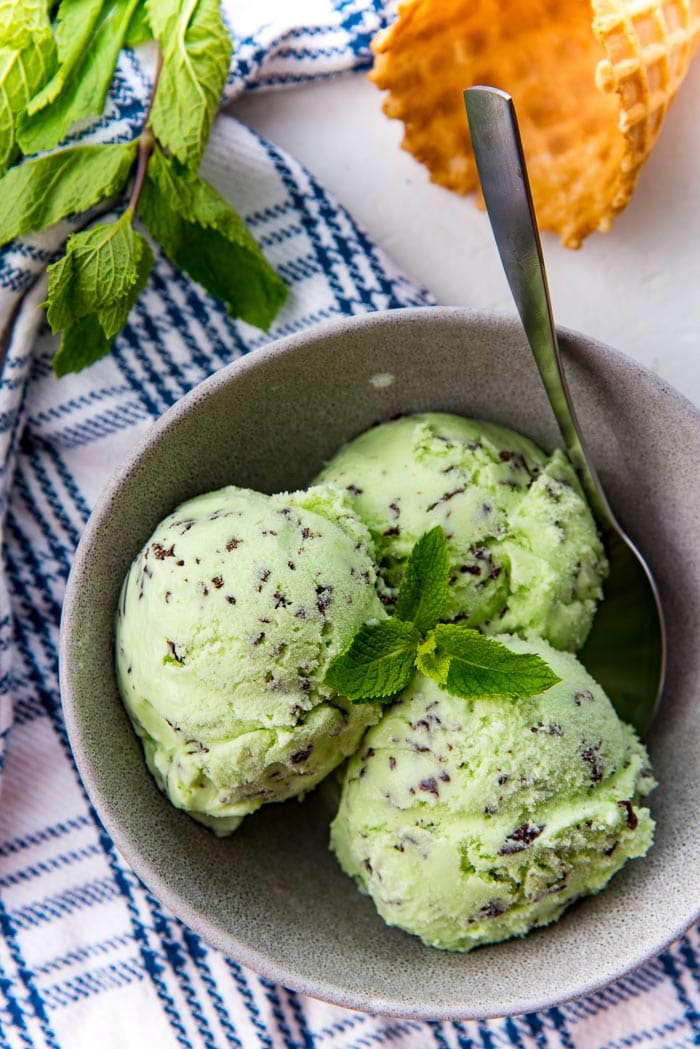 An overhead view of the best mint chocolate chip ice cream scoops in a grey bowl, with mint leaves as garnish