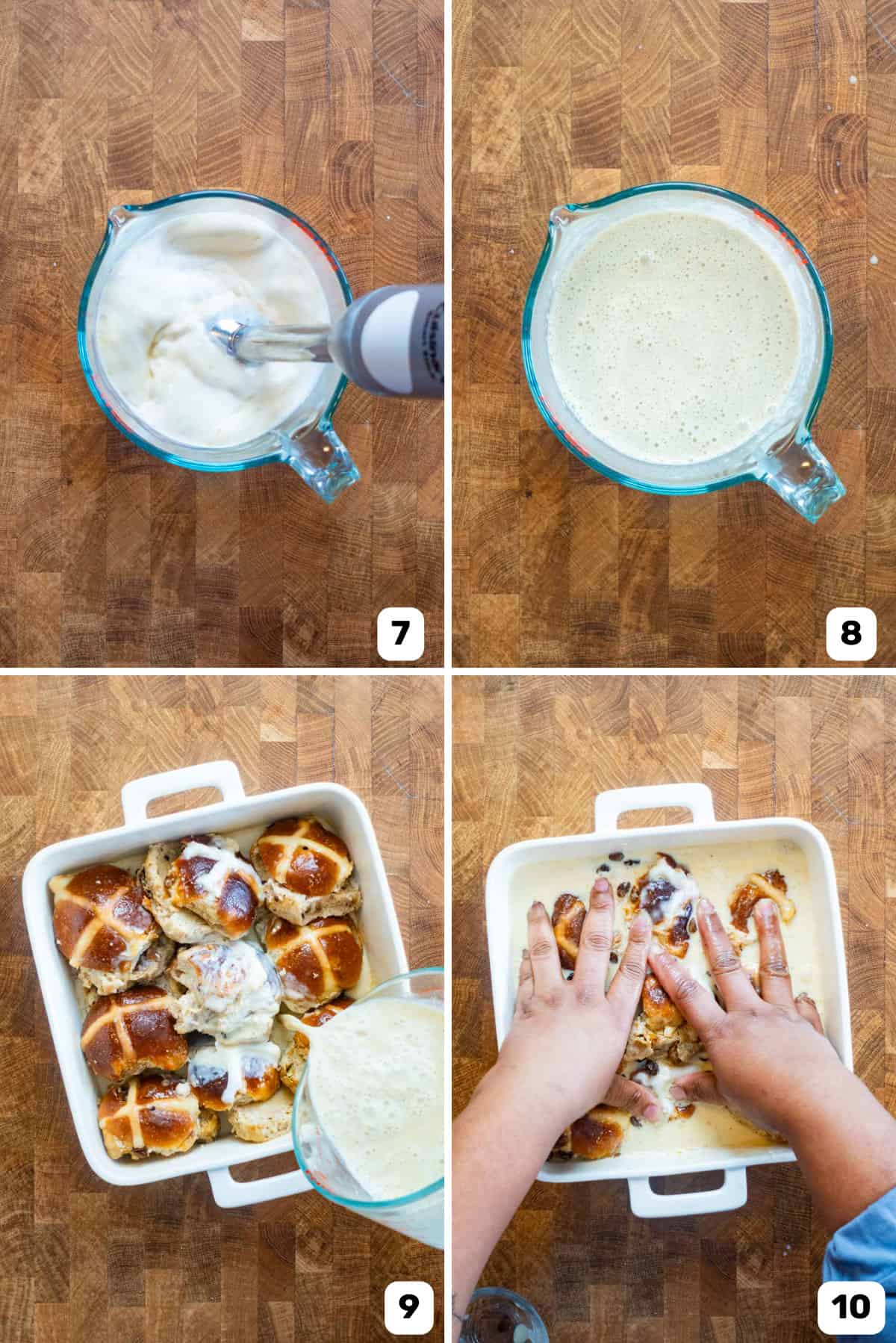 Preparing the custard base with a hand whisk, then soaking the buns in the custard in a baking dish.