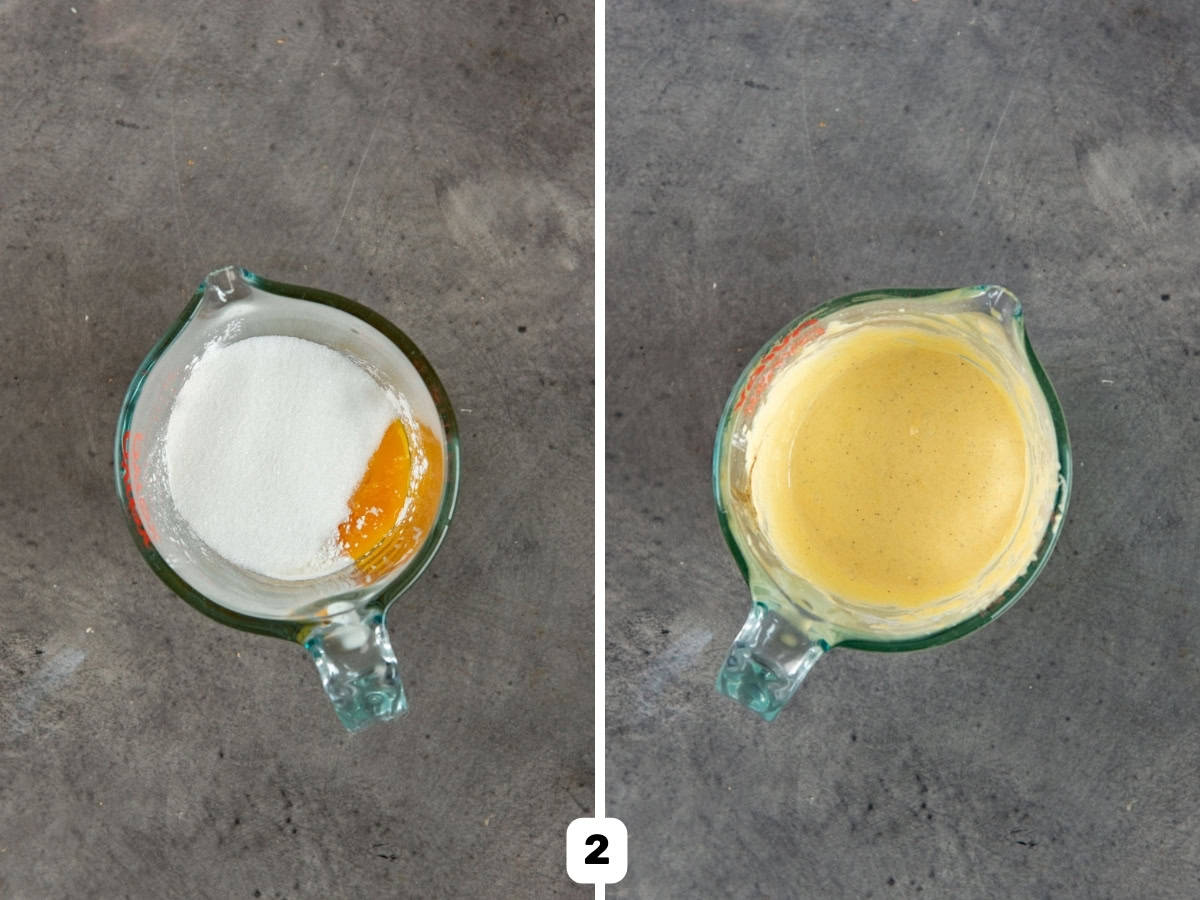 Egg yolk, sugar and cornstarch in a glass jug in the left image, and the ingredients mixed really well till pale, in the right image.