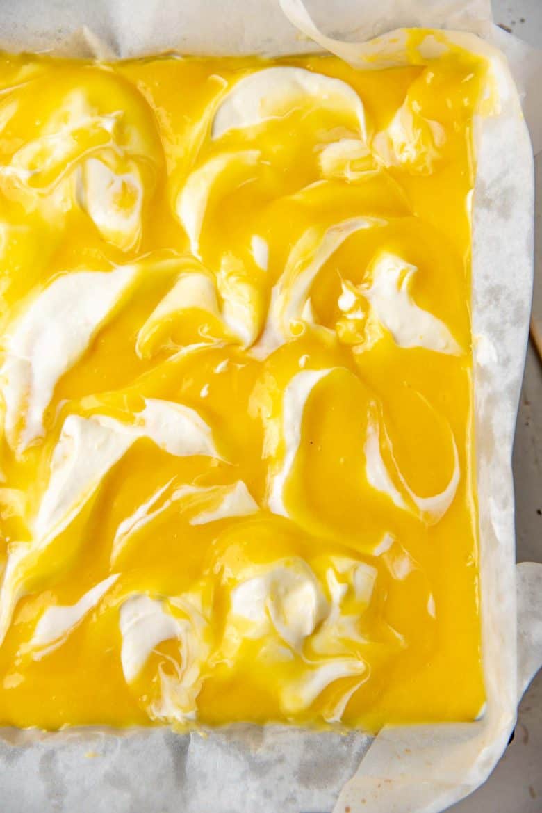 The lemon curd swirled in with the cheesecake layer