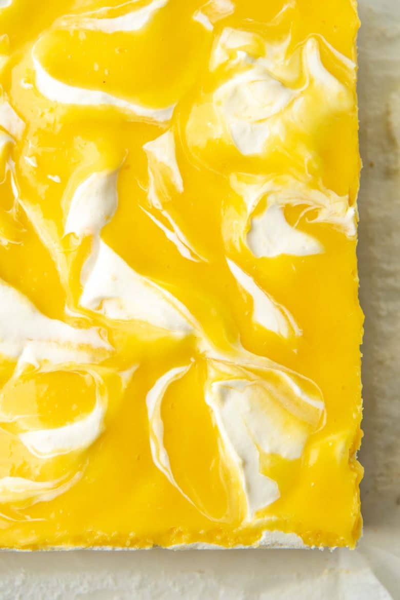 A close up of the no bake lemon cheesecake after it sets
