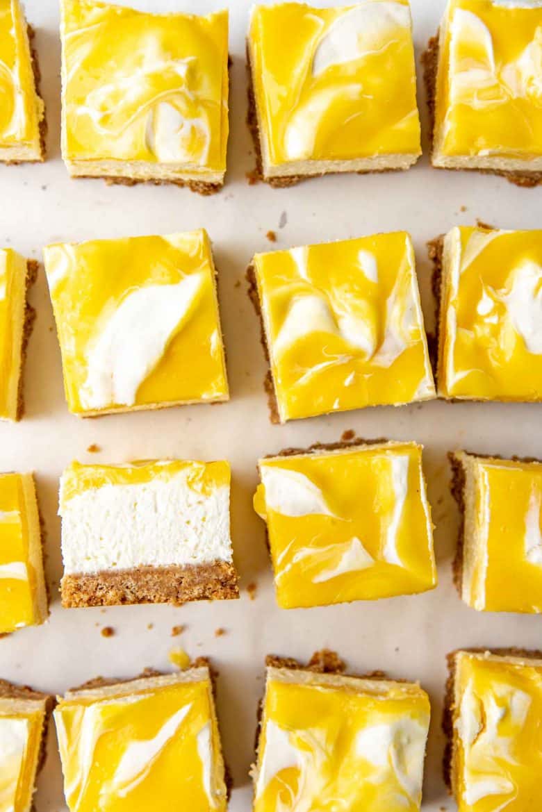 Overhead view of the no bake lemon cheesecake bars