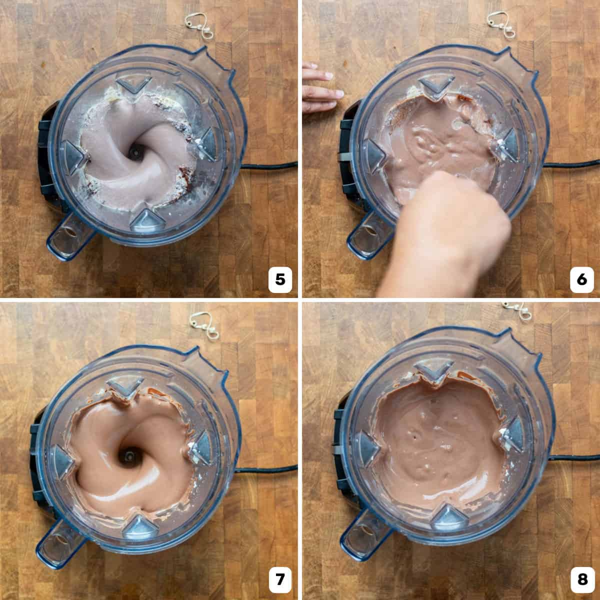 Blending the ingredients in a blender until creamy to make the protein tofu chocolate mousse.