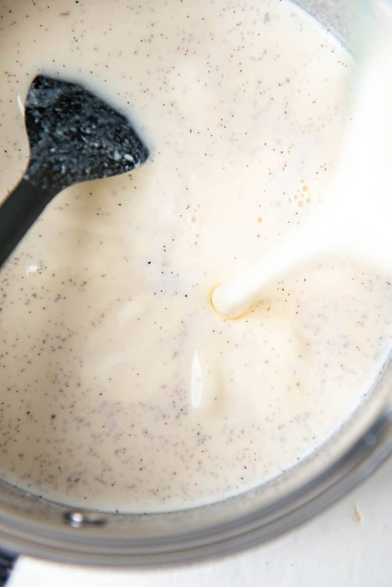 Adding the cream to the gelatin milk mixture with vanilla