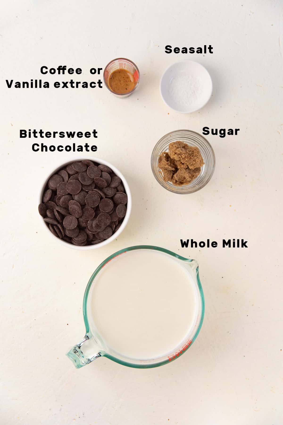Overhead view of labeled ingredients needed to make French hot chocolate (including optional ingredients).