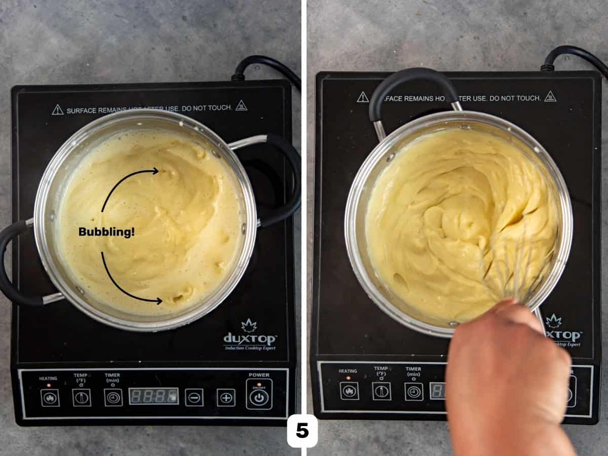 An image showing what the pastry cream will look like when it comes to a boil, with the bubbles labeles, and whisking to thicken the boiling pastry cream in the second image.