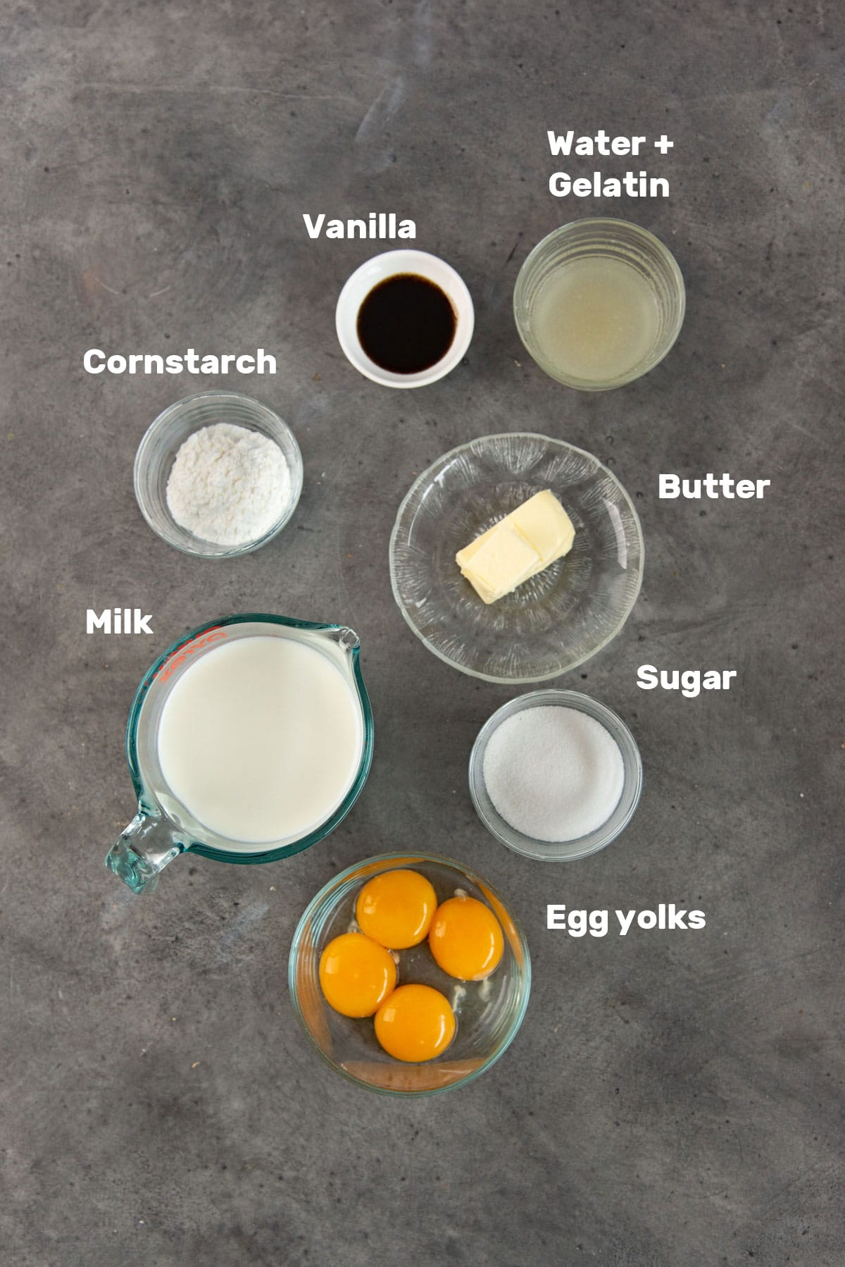 Overhead image of ingredients needed to make pastry cream or cream pattisiere with labels.