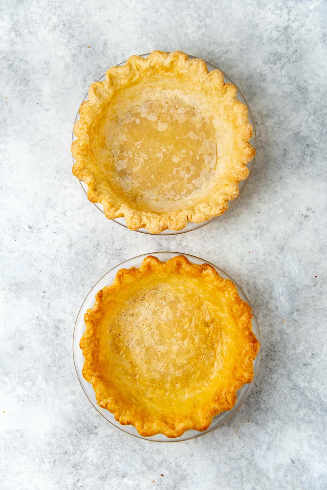 Par baked pie crust on the top and fully baked pie crust on the bottom to compare the coloring.