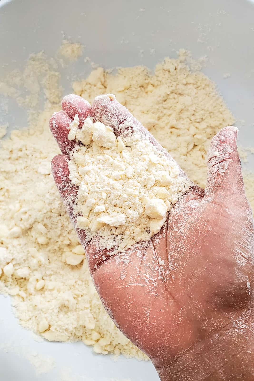 A handful of flour and butter mix that is finer in texture for a mealy pie crust.