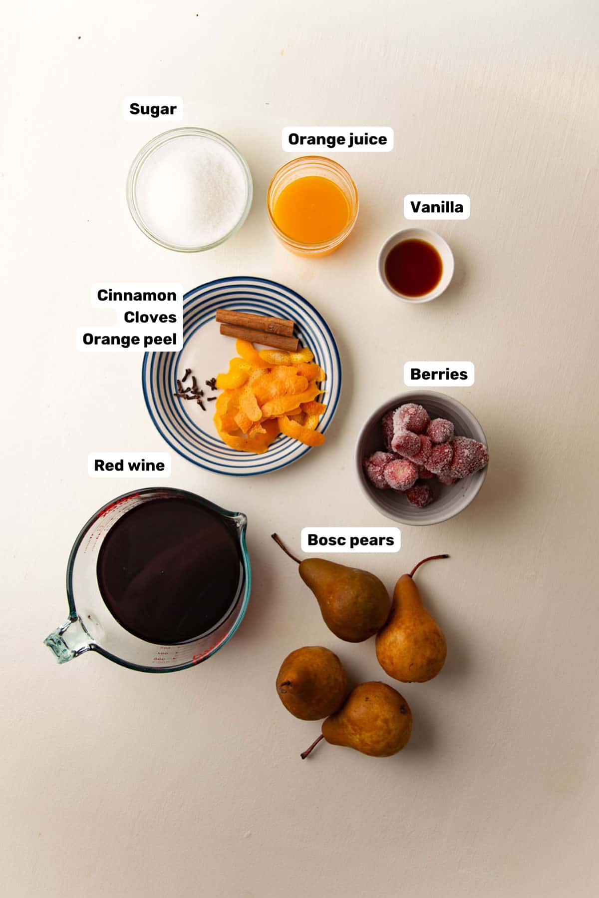 Labeled iage of ingredients needed to make red wine poached pears.