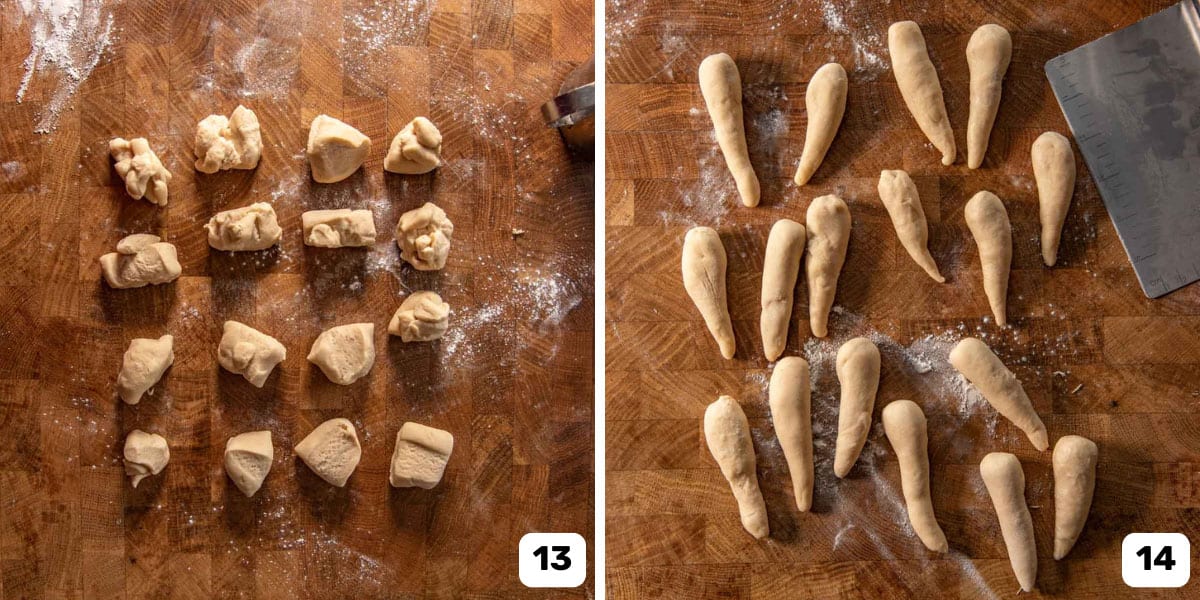 Shaping small dough portions into rough bunny ear shapes.