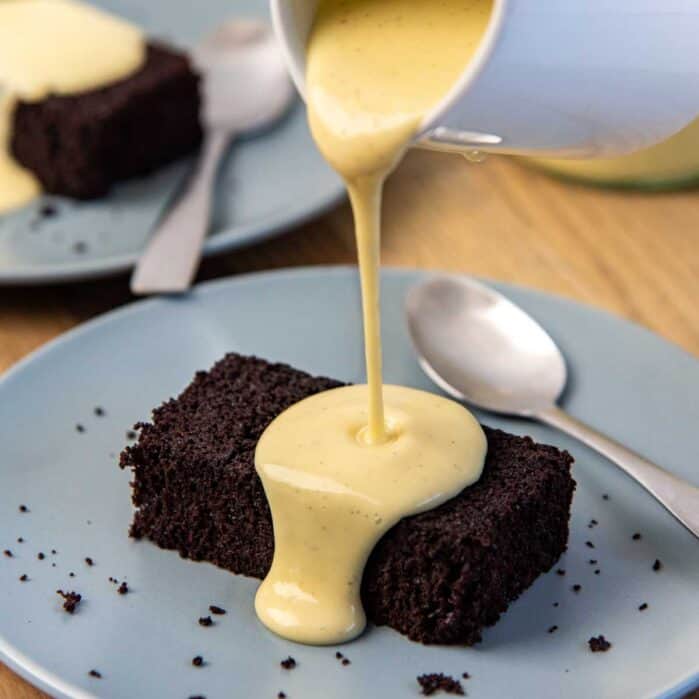 Pouring custard social media square.