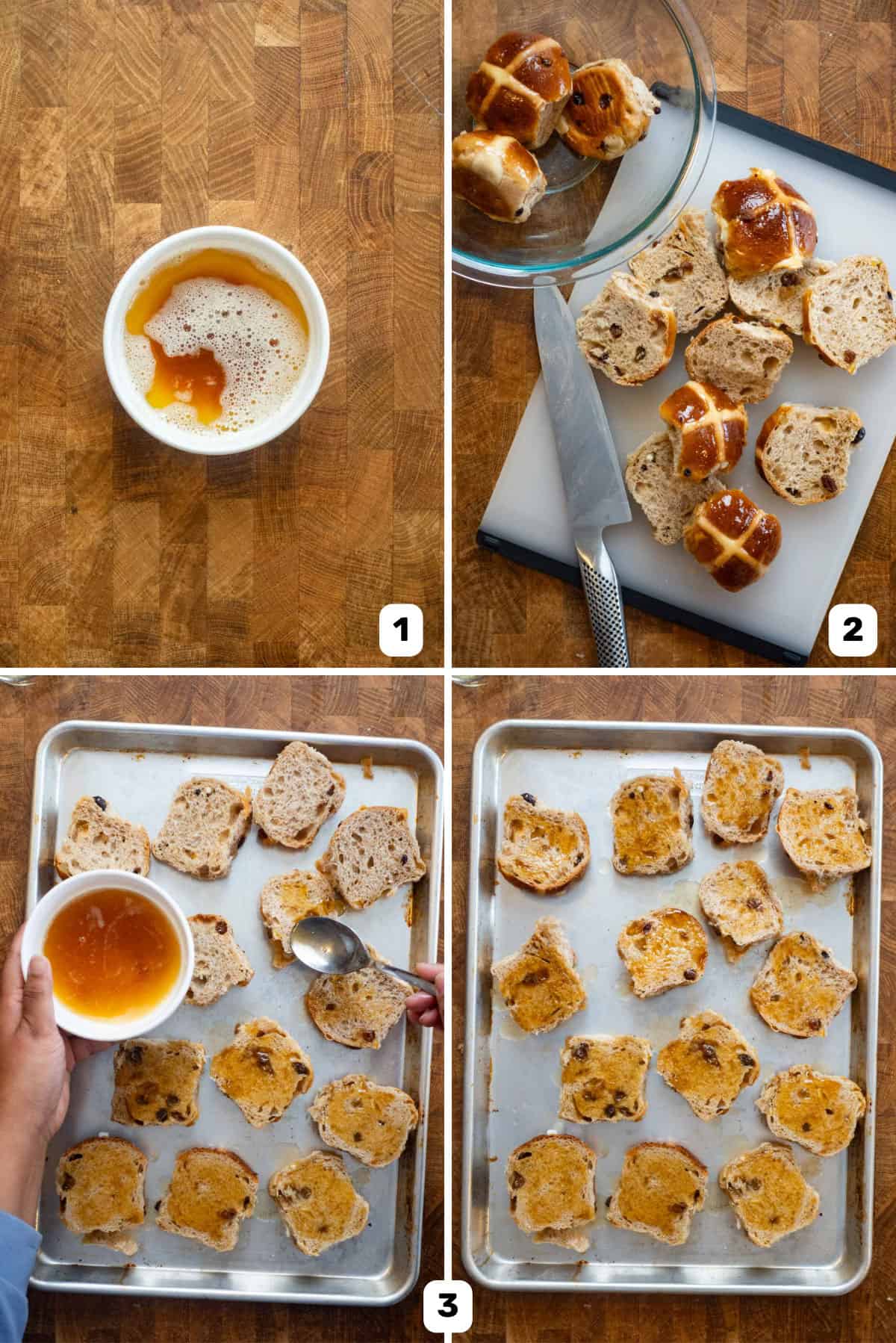 Brown butter in a small dish and pouring the brown butter over sliced hot cross buns in a sheet pan.