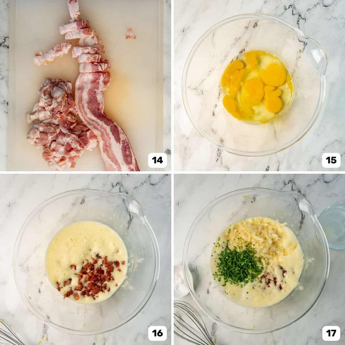 Step by step photo, making the filling for quiche lorraine.