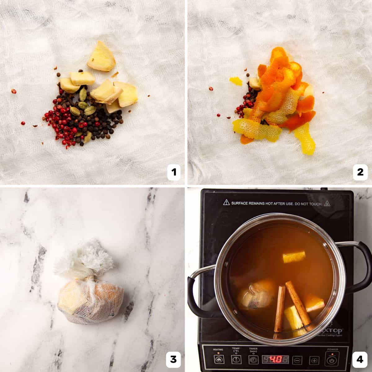 A collage of adding spices and zest in a cheesecloth to make a cheesecloth pouch and adding it to apple cider.