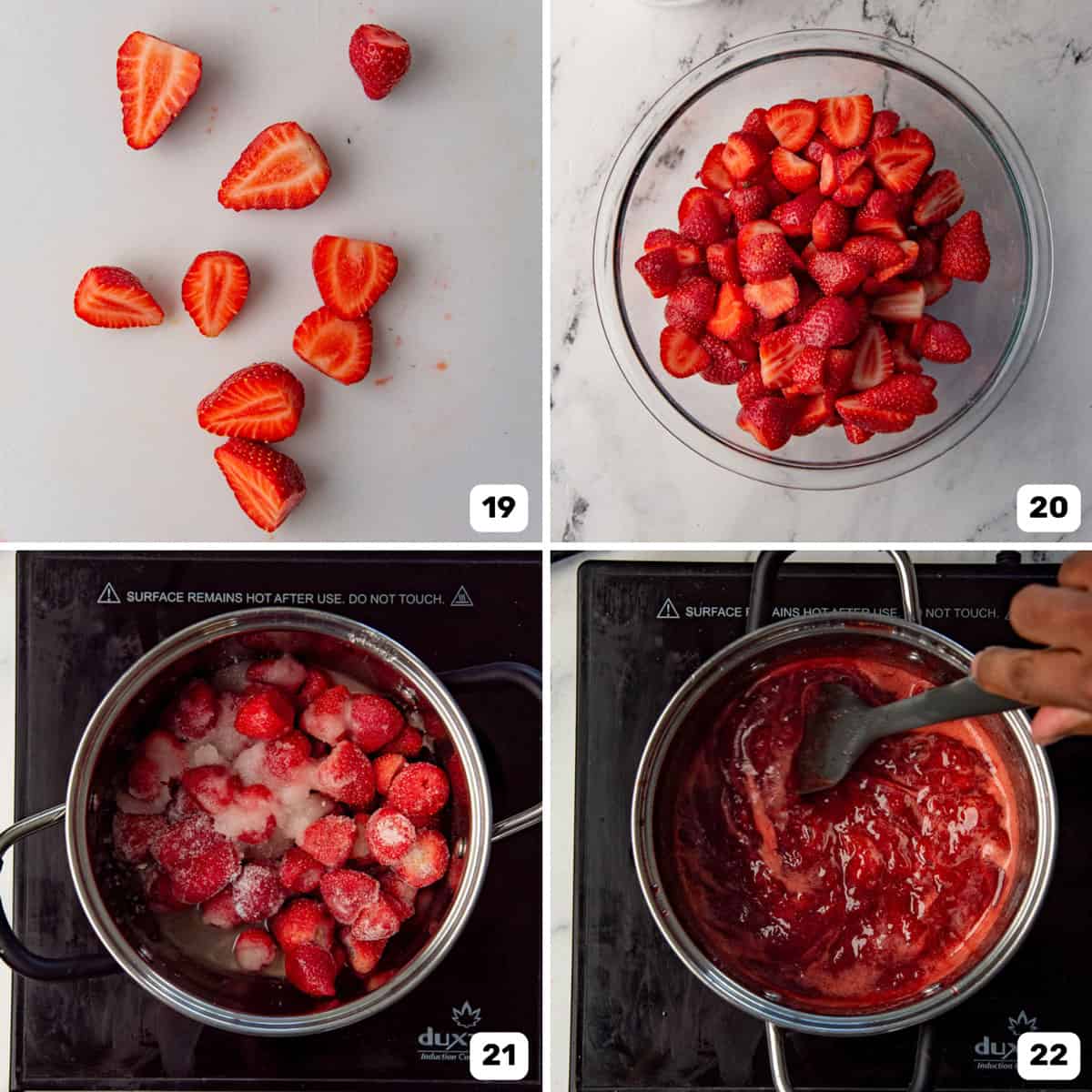 Sliced fresh strawberries in a bowl, and cooking frozen strawberries to make a thick strawberry base.