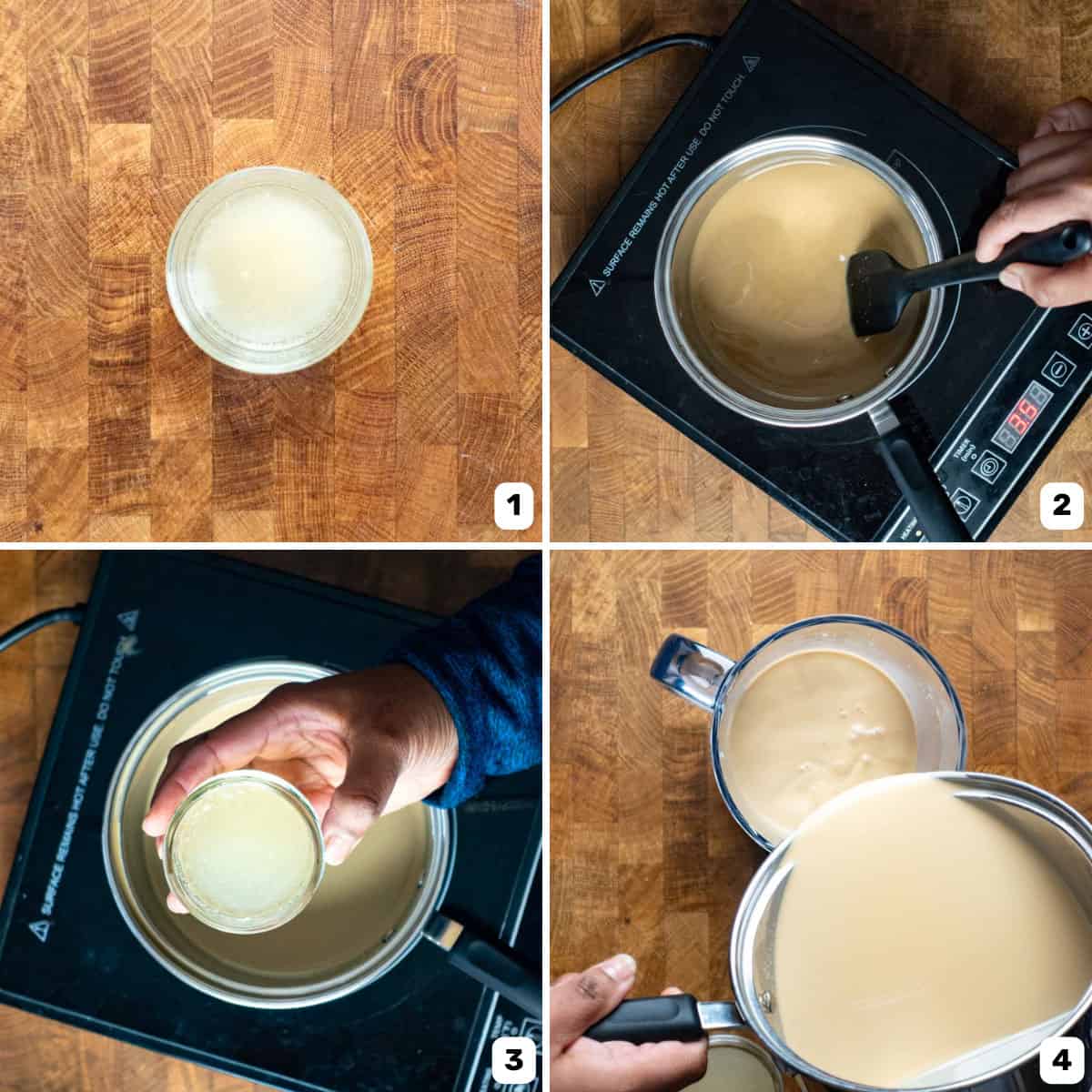 Coffee panna cotta mixture being prepared in a saucepan.