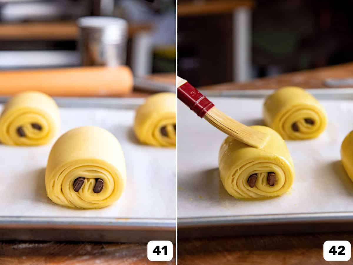 Proofed croissants and brushing egg wash on proofed croissants.