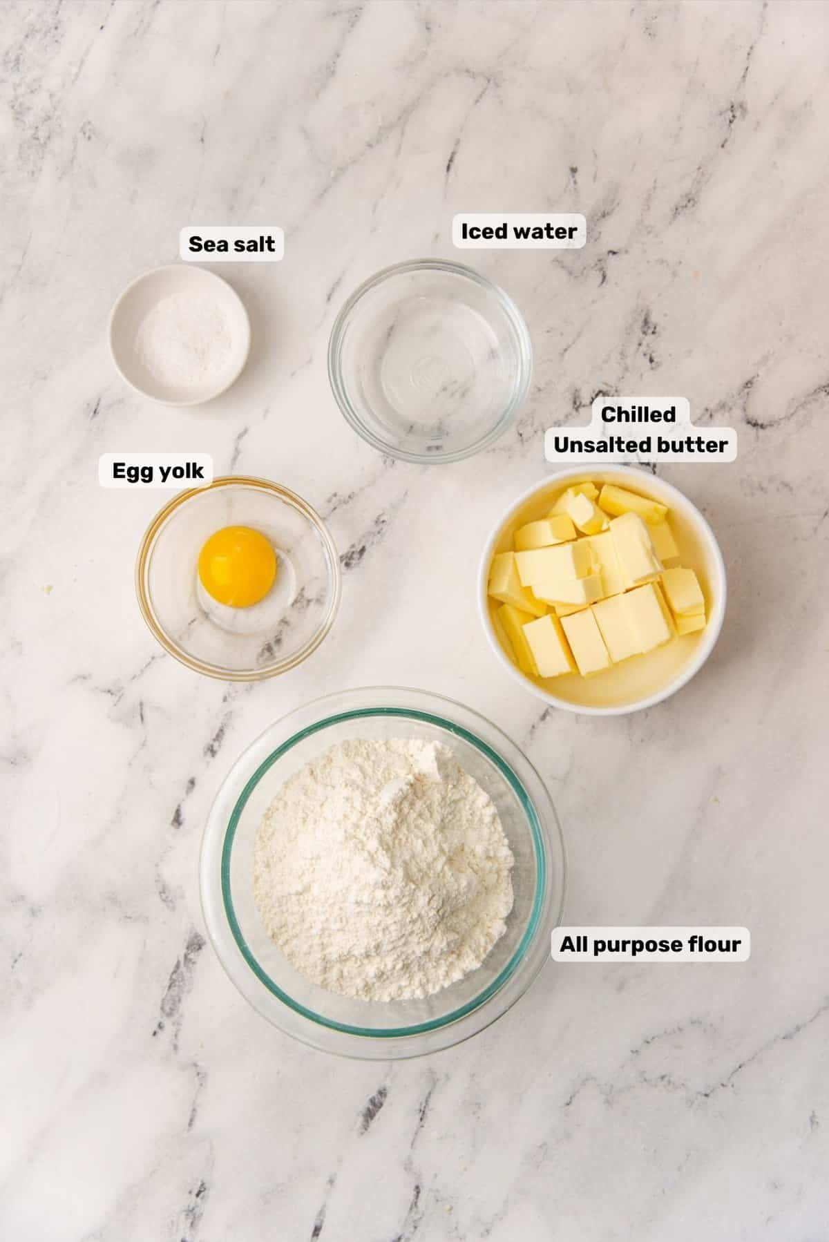 Ingredients needed to make quiche crust with labels.