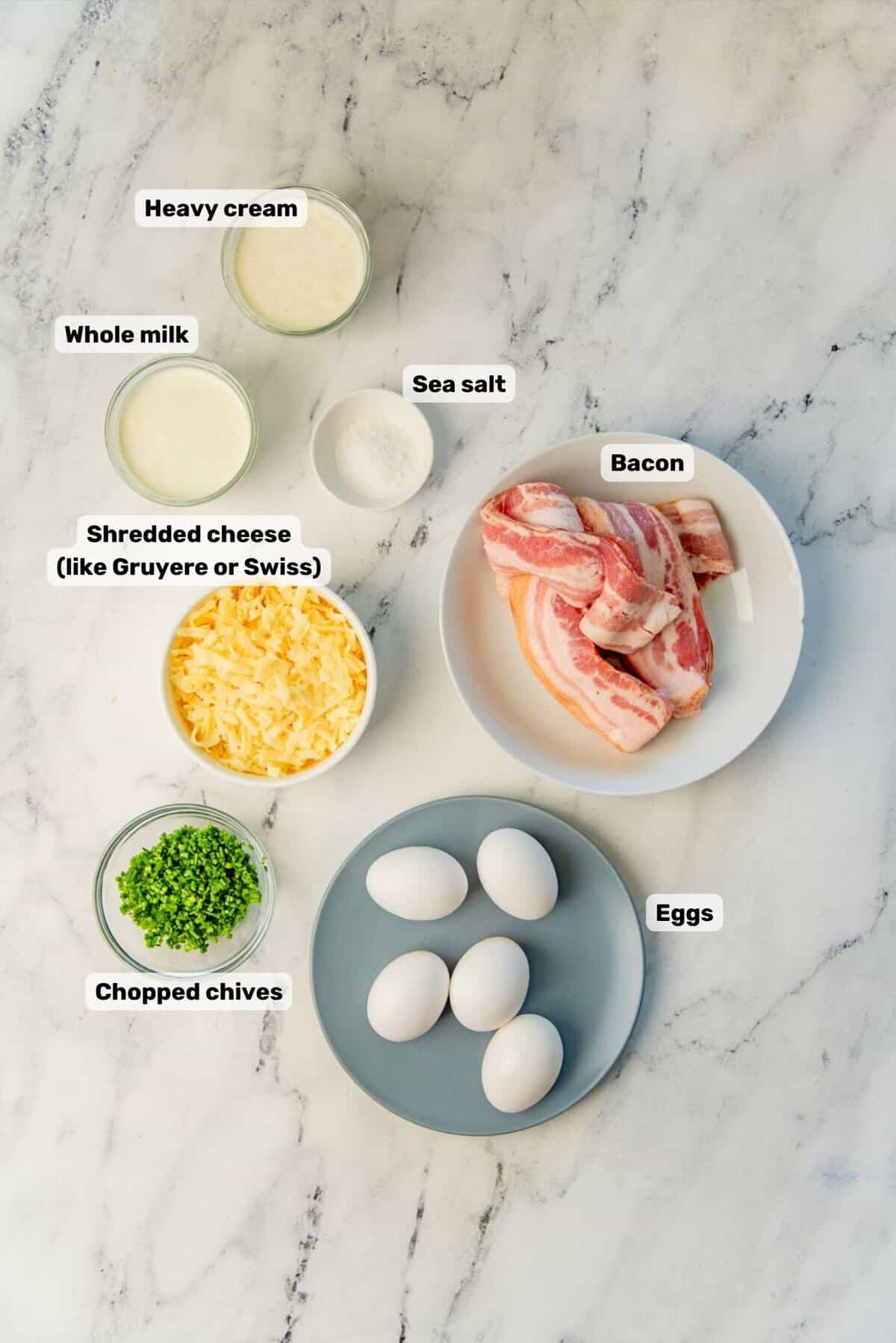 Ingredients needed to make quiche lorraine filling with labels.