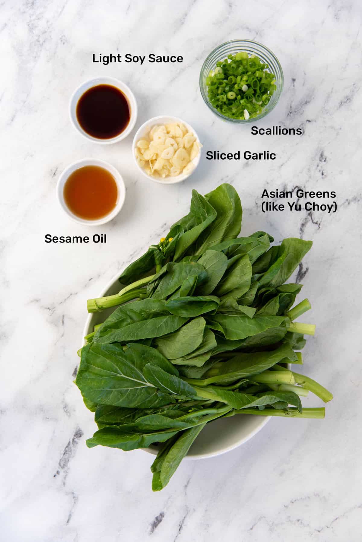 Ingredients to make a simple steamed greens, to serve with ramen. Clockwise from bottom, Yuchoy, sesame oil, light soy sauce, sliced garlic and scallions.