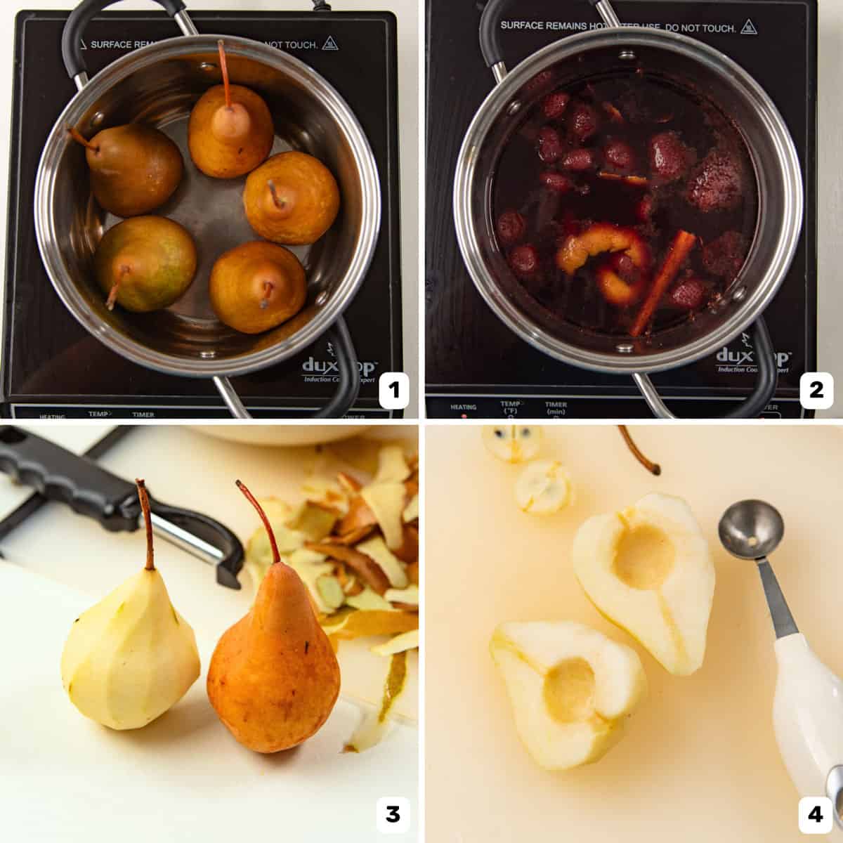 Step by step collage for making red wine poached pears 1.