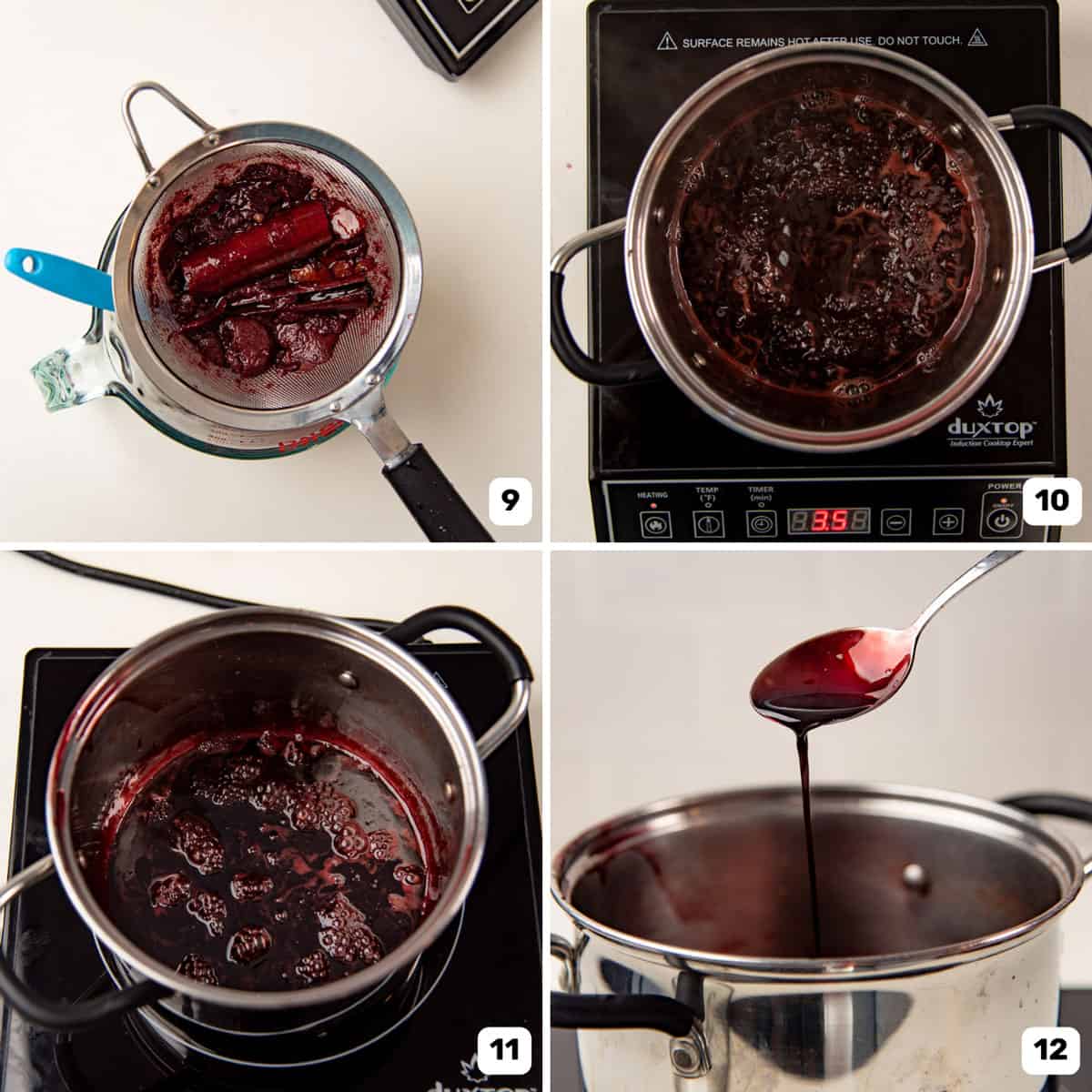 Step by step collage for making red wine syrup for poached pears.
