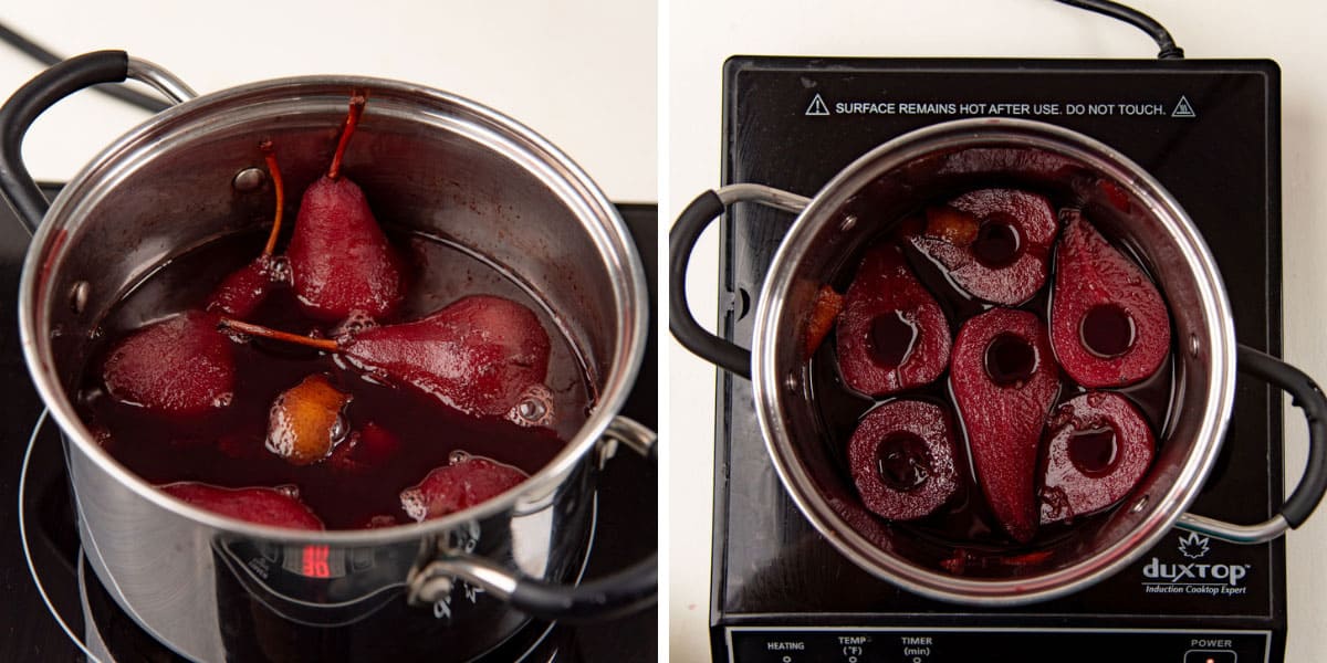 Whole poached pears vs halved poached pears.