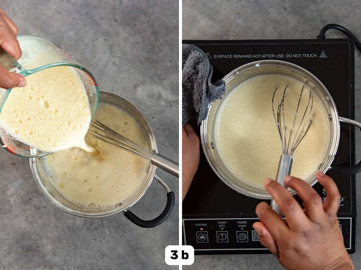 Tempered egg mixture poured back into the saucepan, and placing the pot back on the stove to cook.