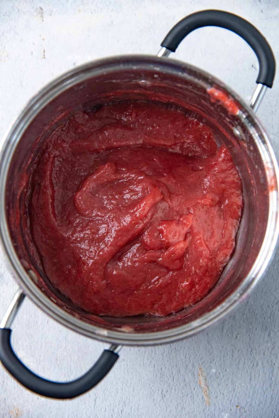 Rhubarb jam filling after cooking.