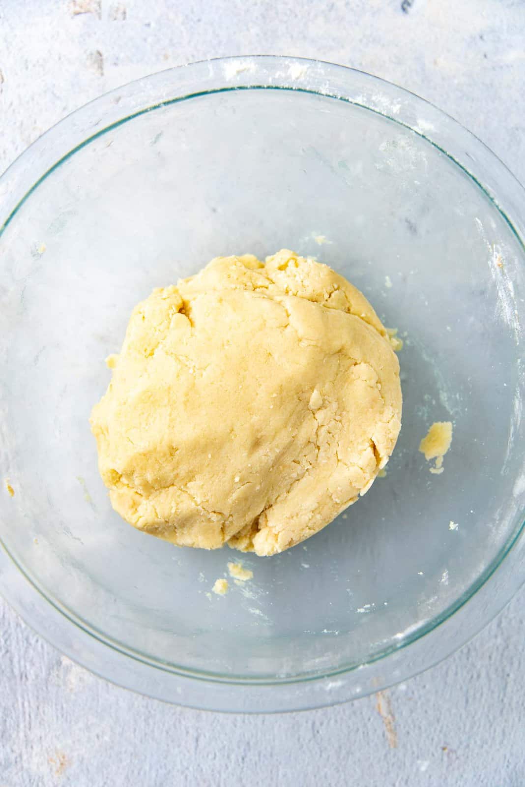 Shortbread dough in a bowl.