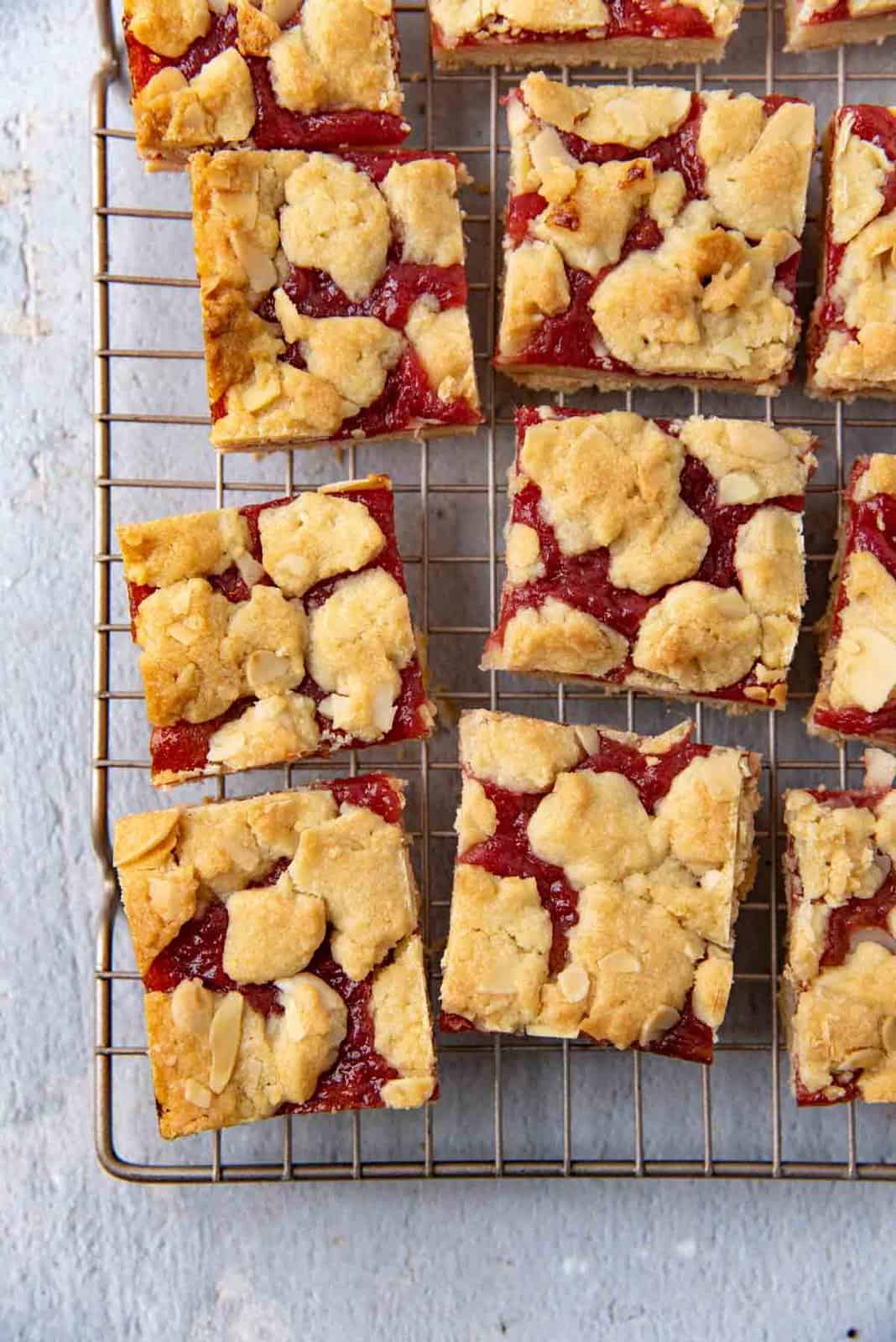 Overhead view of the crumble bars with rhubarb peeking through.