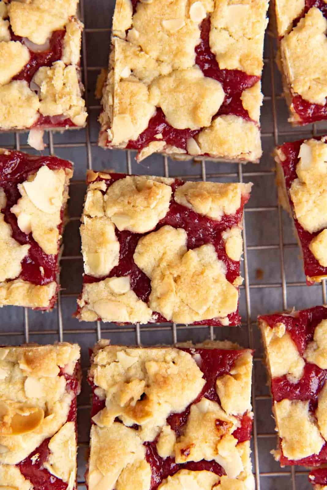A close up of the overhead view of the rhubarb bars with crumble topping.