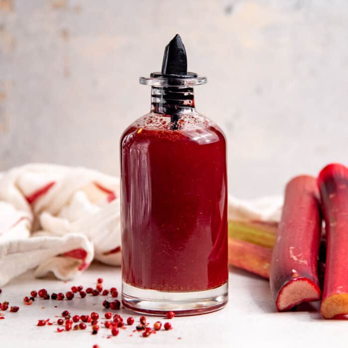 Square image of rhubarb syrup.