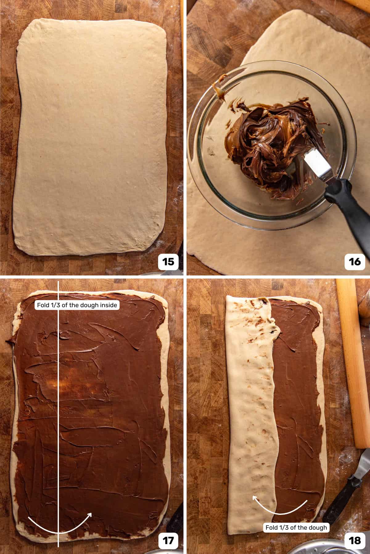 Rolling out the dough into a rectangle before cutting portions to create the bunny faces.