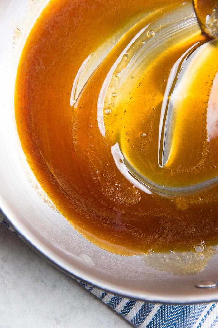 Dry Caramel made in a pan, before adding the warm milk to make salted caramel pastry cream
