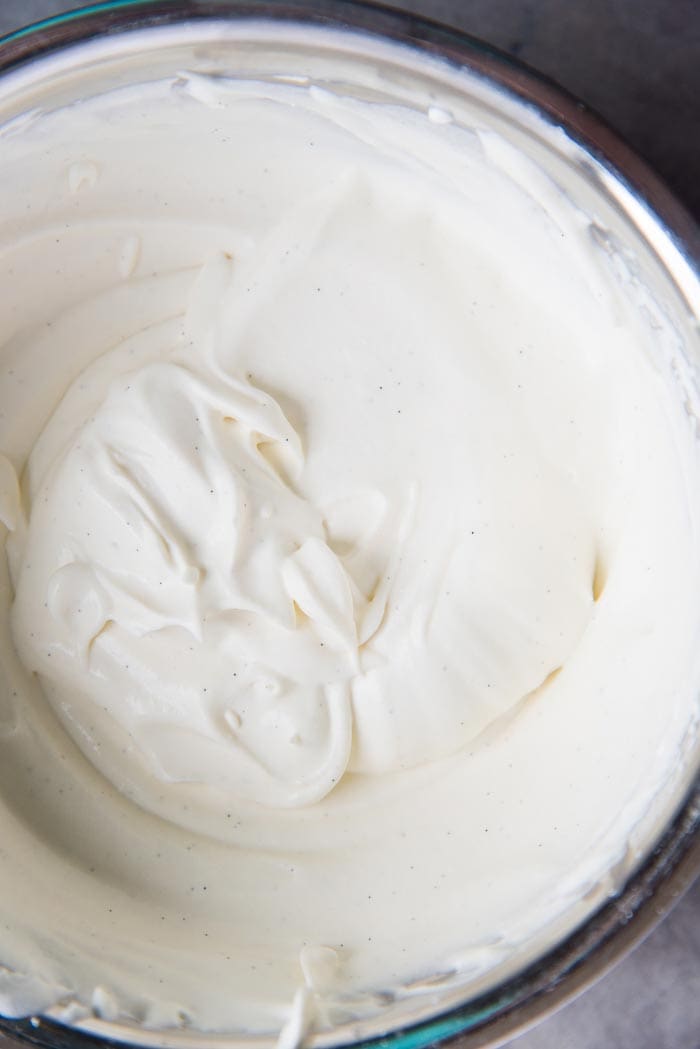 Stabilized chantilly cream prepared in a bowl, ready to be mixed with pastry cream.