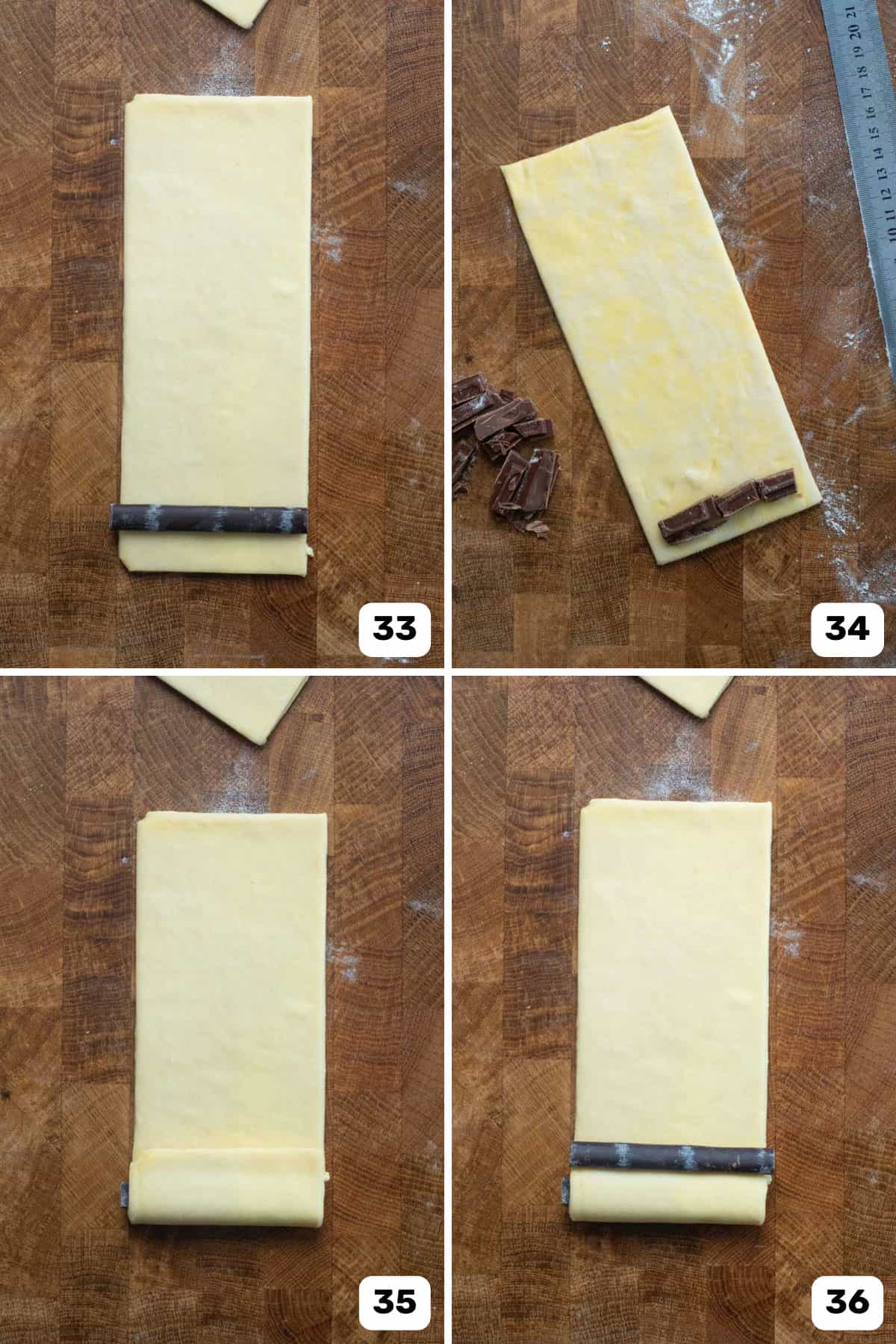 Rolling up a pastry rectangle with a chocolate baton or chocolate pieces to shape the pain au chocolat.