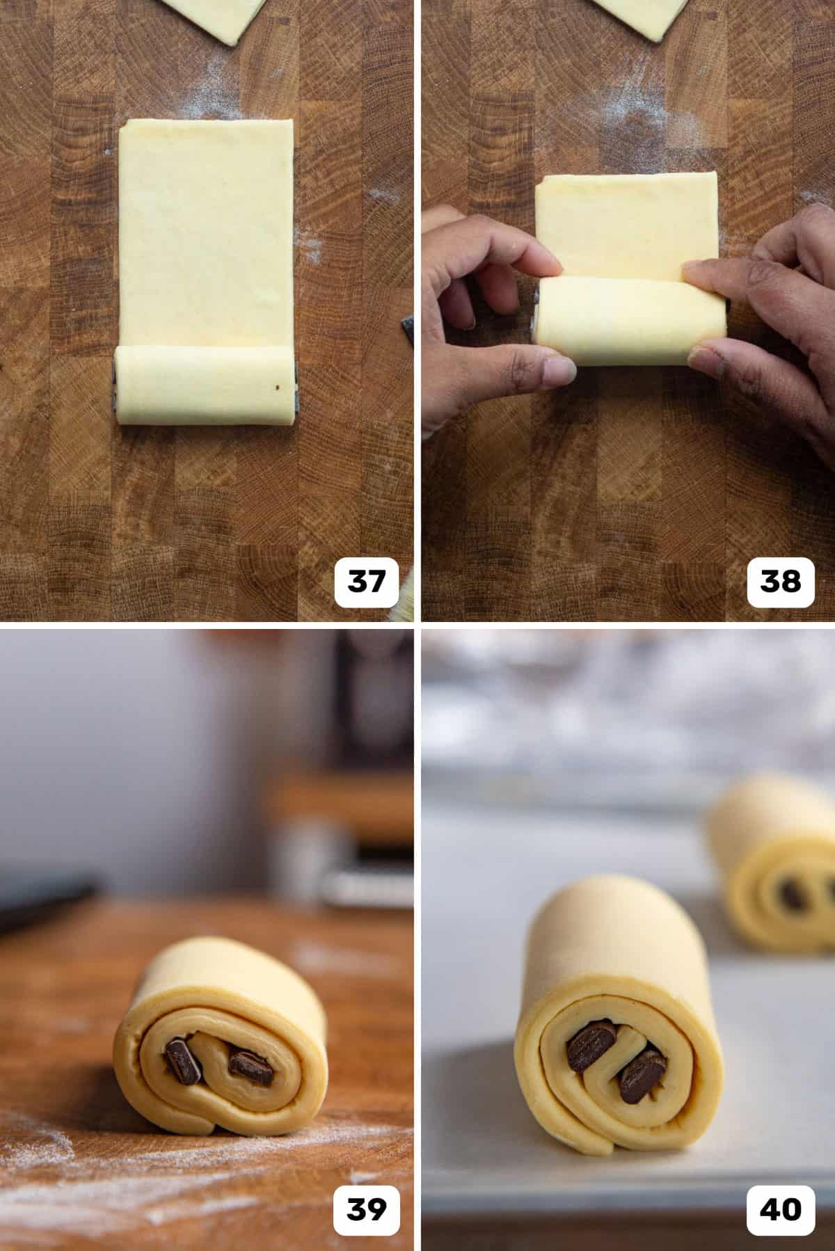 Rolling up the pastry rectangle with chocolate and the final shaped chocolate croissant pastry.