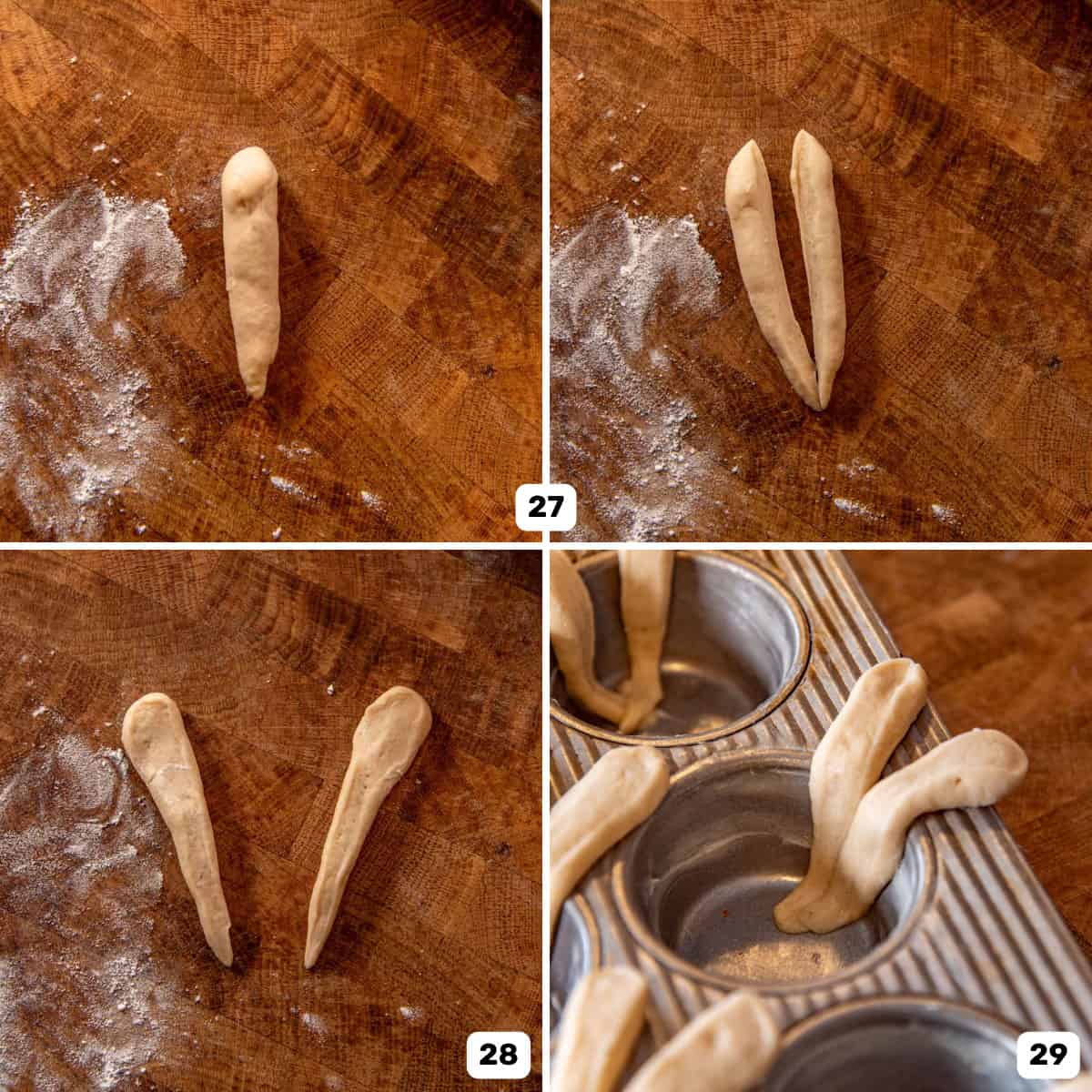 Shaping the dough portion for a set of two bunny ears and lining a muffin pan cavity with them.