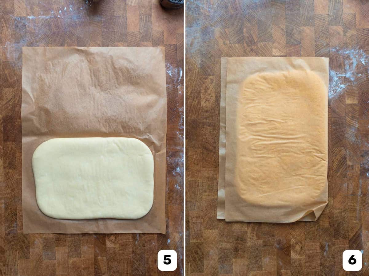 Shaping the dough and covering it with parchment paper to chill in the fridge.