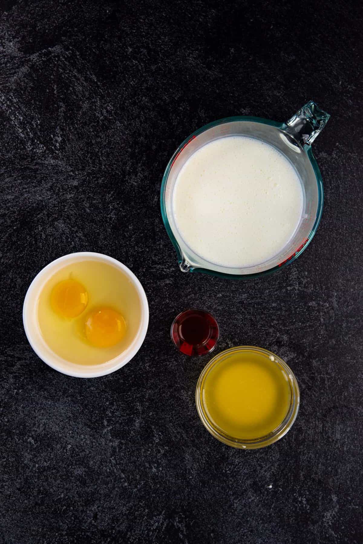 Overhead image of the wet ingredients for the batter.