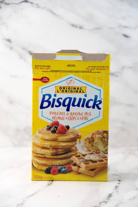 An image of bisquick package to make sheet pan pancakes.