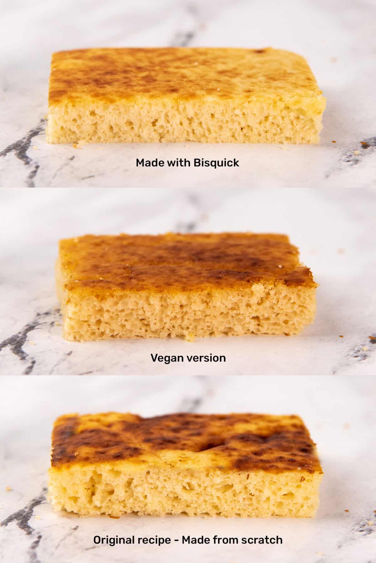 Three image collage comparing the texture of oven baked pancakes made from scratch, vegan and made with bisquick.