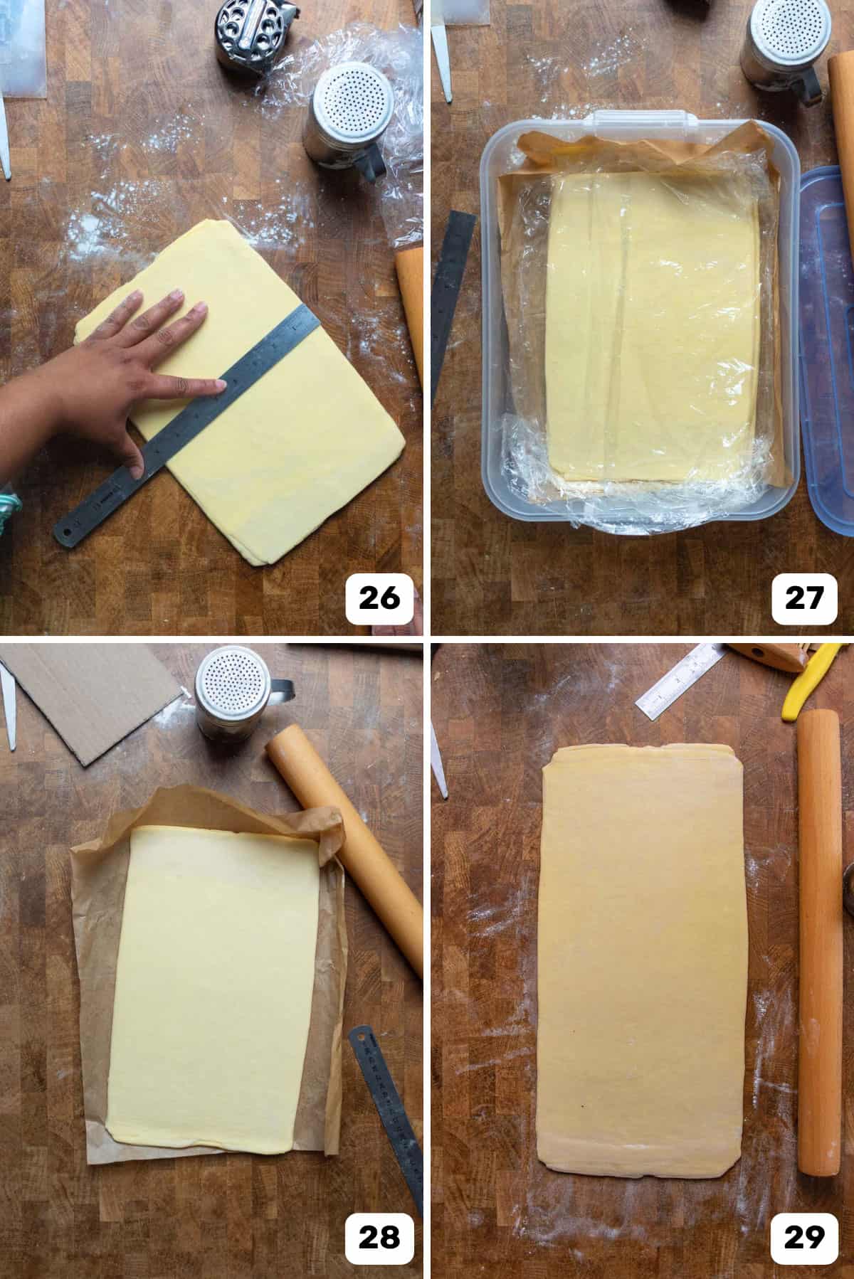 Rolling out the dough on a work surface to make it thinner, then covering it with plastic wrap and resting it.