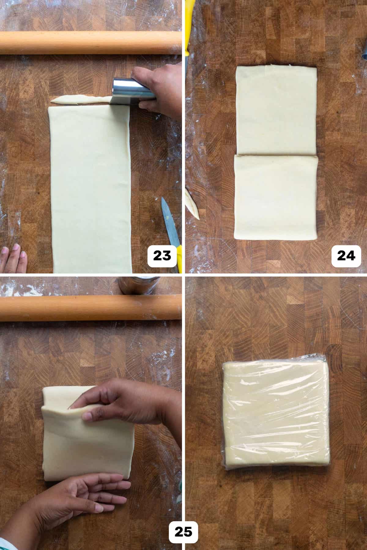 Folding the dough on a work surface for the letter fold, then wrapping it with plastic wrap.