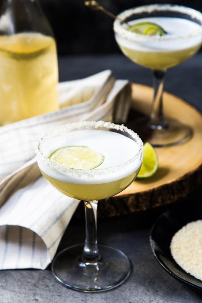 Smoked Margarita Sour - A sophisticated twist on a classic margarita, made with cherry wood smoked tequila. The cocktail foam is created with aquafaba, making this margarita sour cocktail vegetarian/ vegan too!