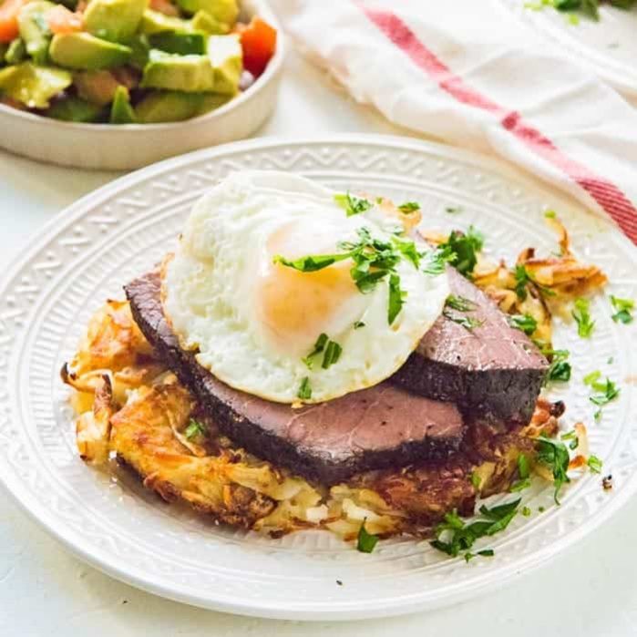 Sous-vide rump roast - succulent, tender slices of sous-vide steak and eggs. Perfect for breakfasts or brunch for a crowd.